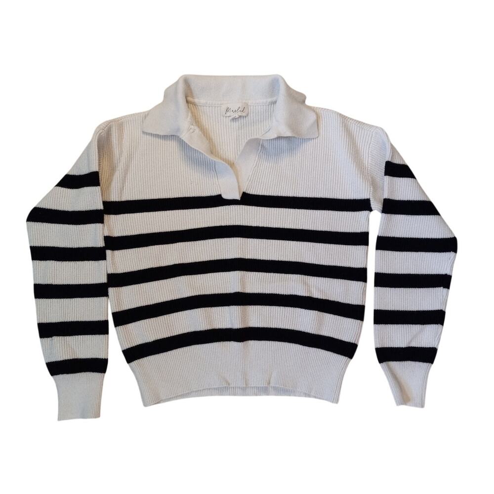 Marled white knit black striped collar rugby‎ pullover sweater SIZE M